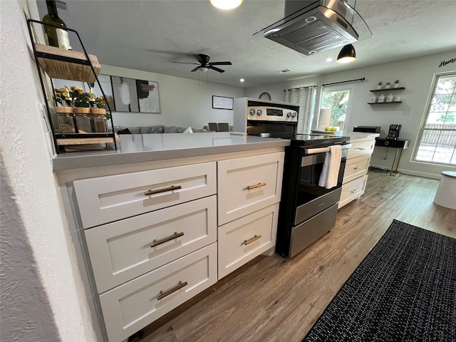 kitchen featuring white cabinetry, stainless steel range with electric stovetop, a wealth of natural light, and hardwood / wood-style floors