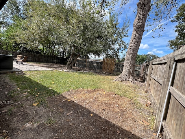 view of yard featuring central air condition unit and a patio