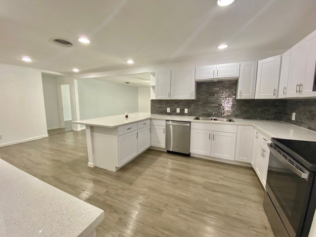 kitchen with appliances with stainless steel finishes, sink, white cabinetry, and kitchen peninsula