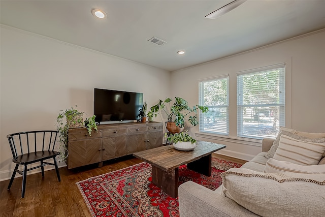 living room featuring dark wood-type flooring and crown molding