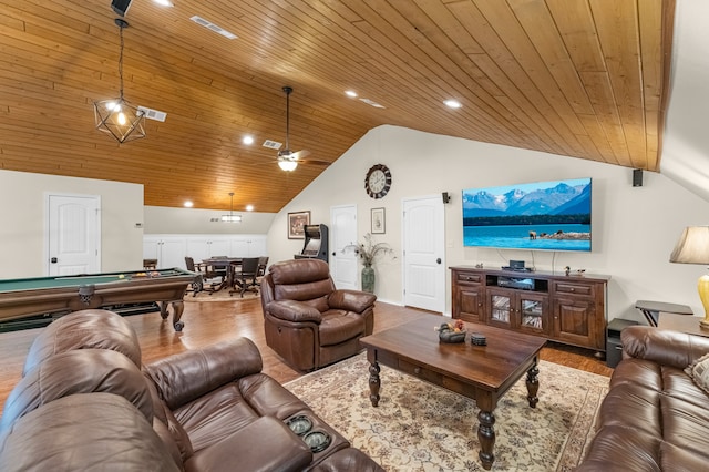 living room featuring pool table, ceiling fan, high vaulted ceiling, wood-type flooring, and wooden ceiling