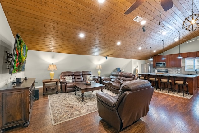 living room featuring dark wood-type flooring, wood ceiling, high vaulted ceiling, and ceiling fan