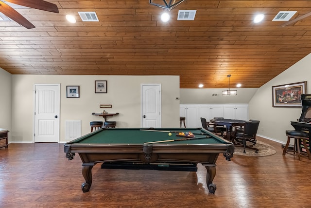 game room with billiards, dark hardwood / wood-style flooring, ceiling fan, wooden ceiling, and vaulted ceiling