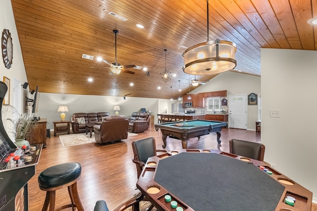 game room featuring pool table, wood ceiling, light hardwood / wood-style floors, ceiling fan, and high vaulted ceiling