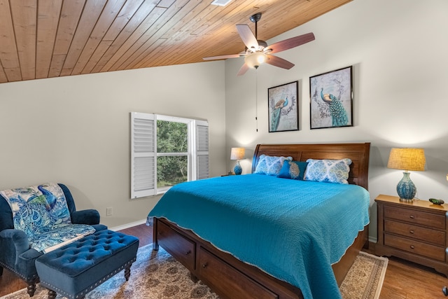 bedroom with lofted ceiling, hardwood / wood-style flooring, wooden ceiling, and ceiling fan