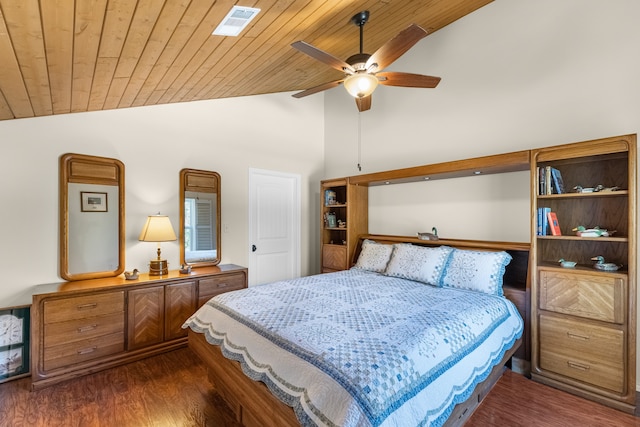 bedroom featuring dark hardwood / wood-style floors, ceiling fan, wooden ceiling, and vaulted ceiling