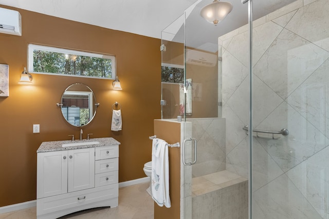 bathroom featuring walk in shower, a wall mounted air conditioner, toilet, vanity, and tile patterned flooring