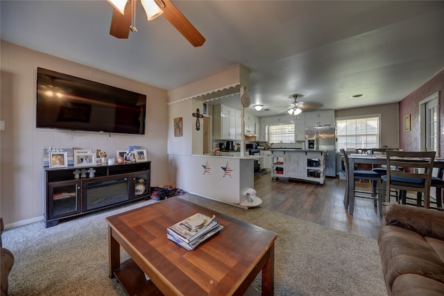 living room featuring hardwood / wood-style flooring and ceiling fan