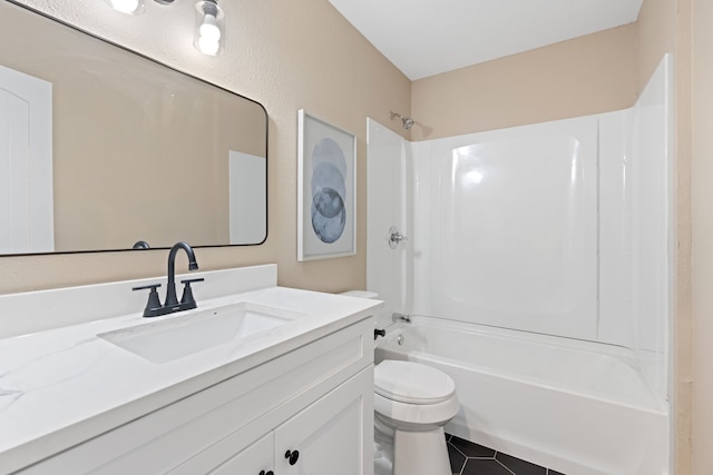 full bathroom with vanity, shower / bathing tub combination, toilet, and tile patterned flooring