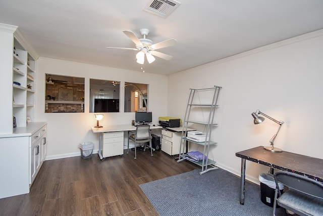 office space with ceiling fan, crown molding, and dark wood-type flooring