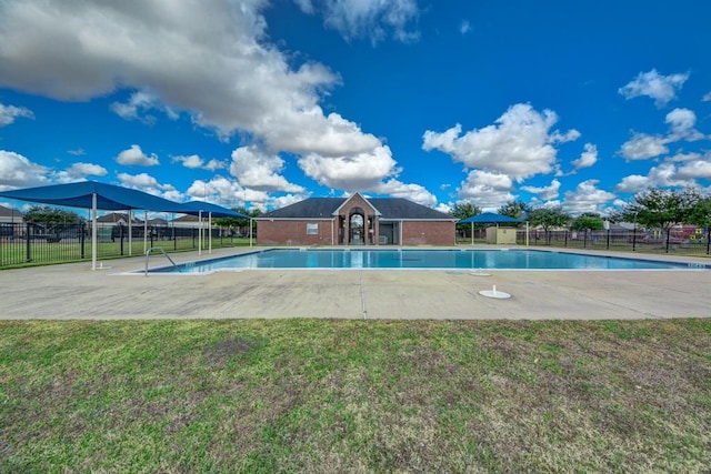 view of swimming pool with a lawn