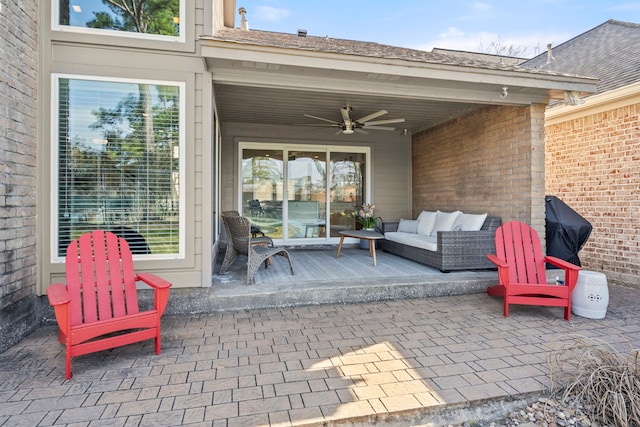 view of patio / terrace featuring ceiling fan and an outdoor hangout area