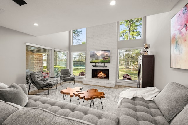 living room featuring hardwood / wood-style floors, high vaulted ceiling, and a fireplace