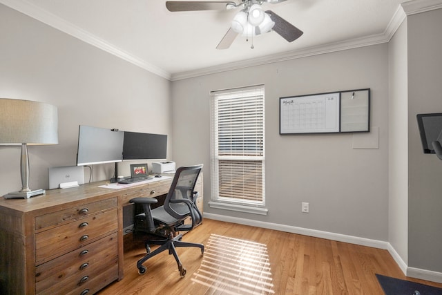 office area with ornamental molding, light wood-type flooring, and ceiling fan