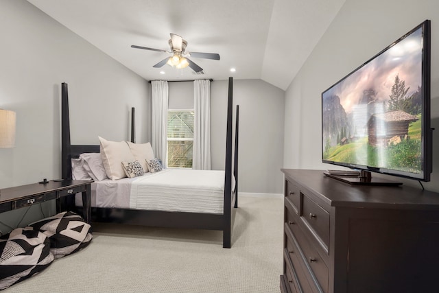 carpeted bedroom featuring vaulted ceiling and ceiling fan