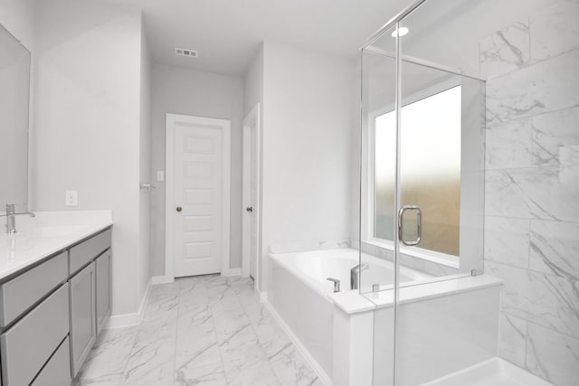 bathroom featuring vanity and plus walk in shower