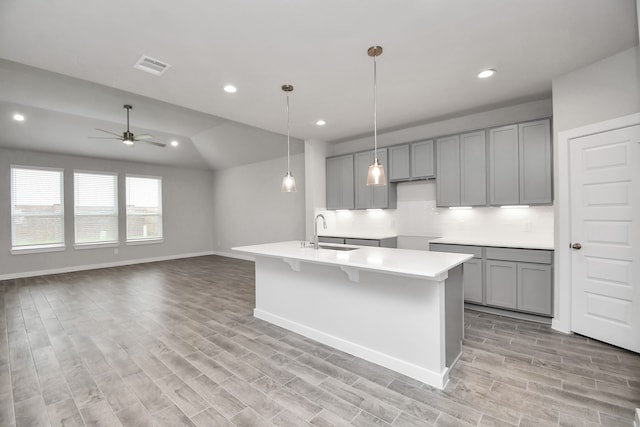 kitchen featuring light hardwood / wood-style floors, a kitchen island with sink, sink, and gray cabinets