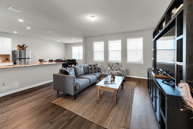 living room with a healthy amount of sunlight and dark wood-type flooring