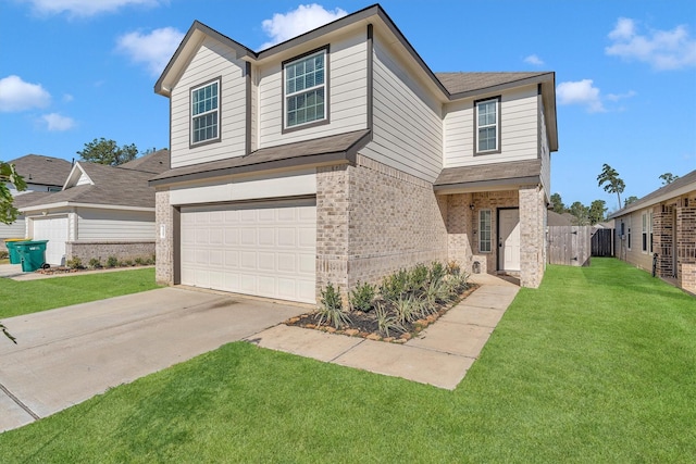 view of front of property with a front lawn and a garage