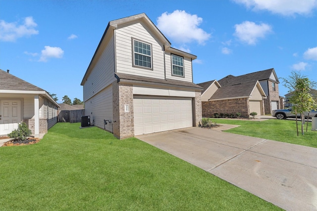 view of front facade with a front yard, a garage, and cooling unit