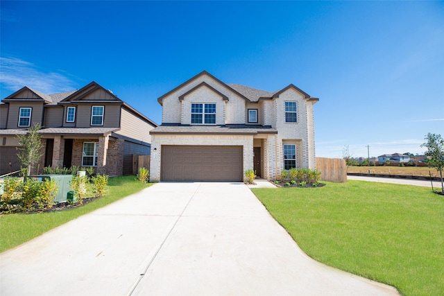 view of front of home with central AC, a front lawn, and a garage