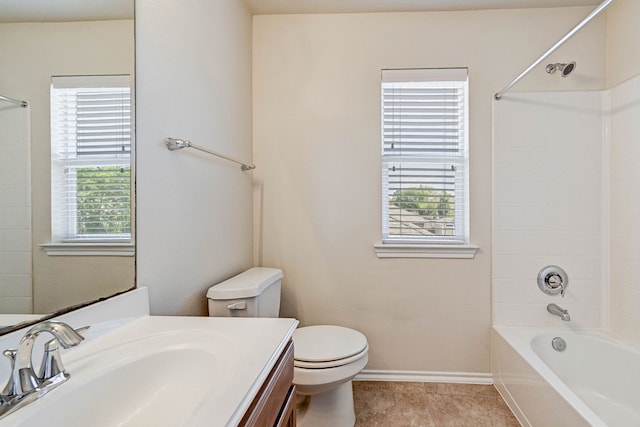 full bathroom with vanity, toilet, a wealth of natural light, and tub / shower combination