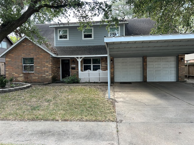 front facade with a porch and a garage