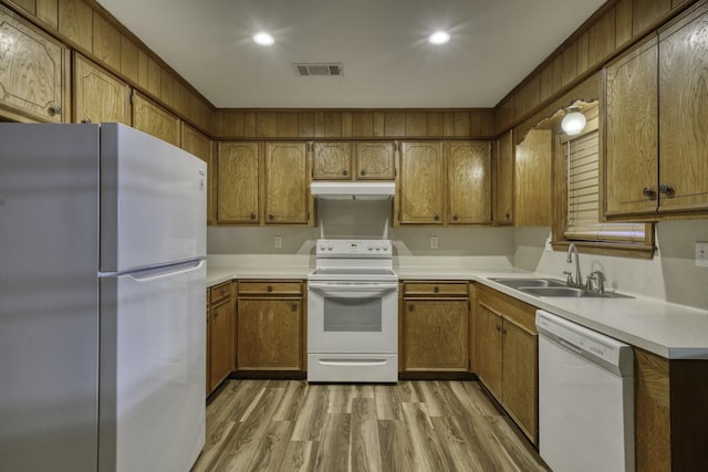 kitchen featuring light hardwood / wood-style floors, white appliances, and sink