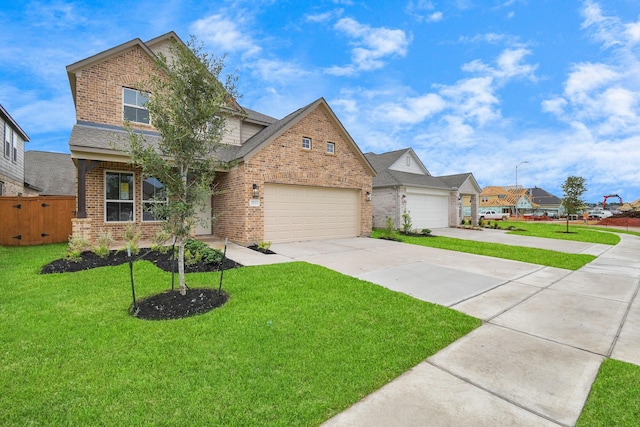 view of front of house with driveway, fence, brick siding, a front lawn, and a garage