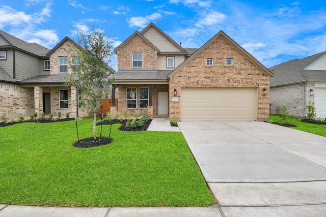 craftsman house featuring concrete driveway, brick siding, a front lawn, and a garage
