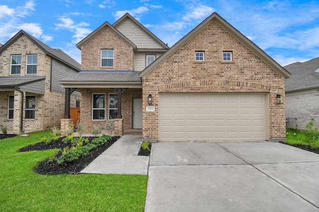 view of front of home featuring concrete driveway, a garage, a front lawn, and brick siding