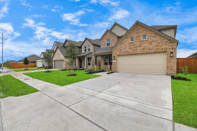 view of front facade featuring concrete driveway, a residential view, fence, brick siding, and a front lawn