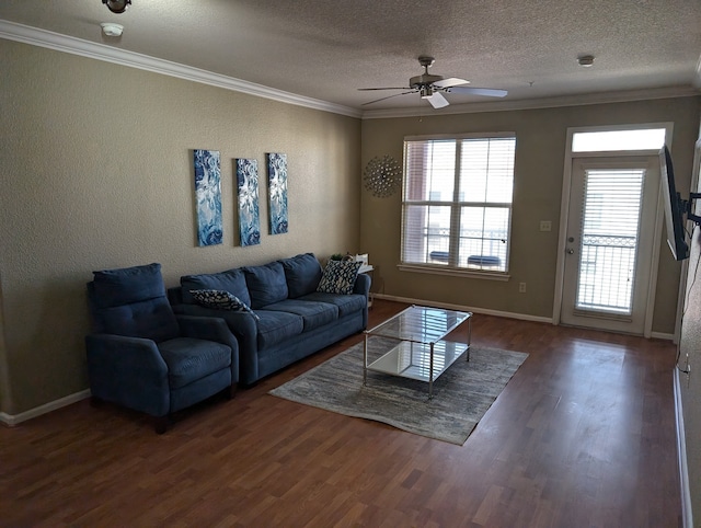 living room with crown molding, a textured ceiling, dark wood-type flooring, and ceiling fan