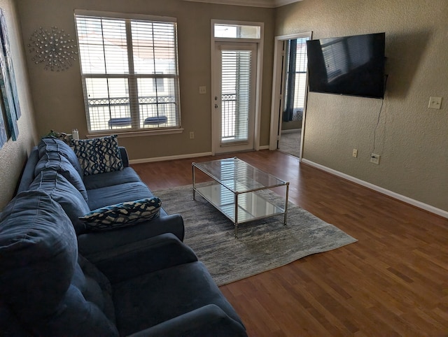 living room featuring crown molding and hardwood / wood-style floors