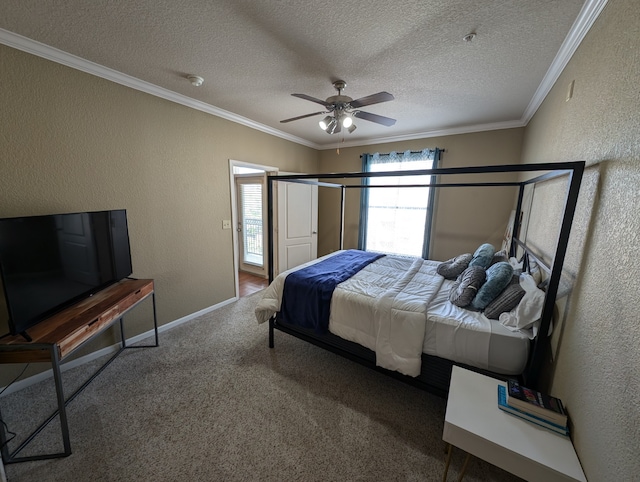 bedroom featuring dark colored carpet, crown molding, a textured ceiling, and ceiling fan