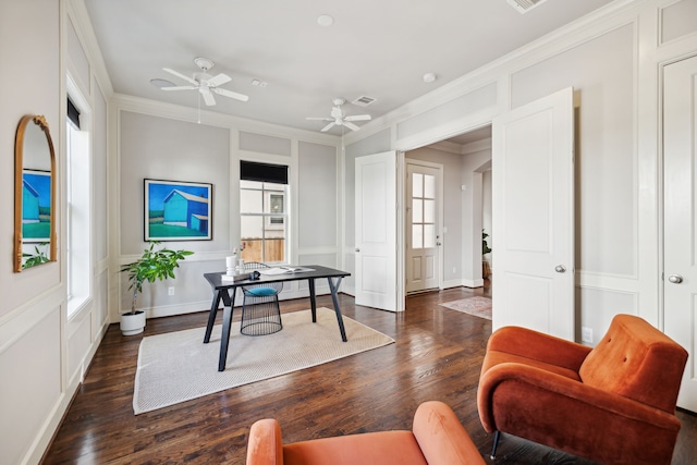 office area with crown molding, ceiling fan, and dark hardwood / wood-style flooring