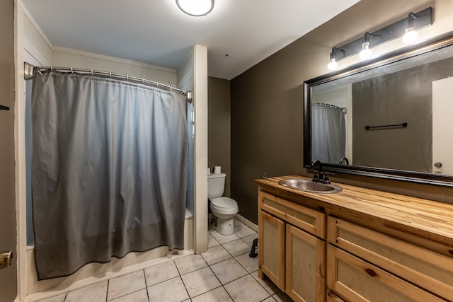 full bathroom with shower / bath combination with curtain, toilet, tile patterned flooring, and vanity