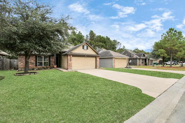 ranch-style home with a garage and a front lawn