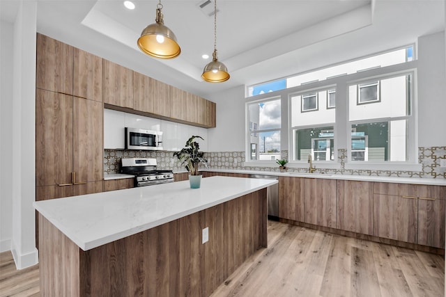 kitchen with a sink, modern cabinets, a tray ceiling, and stainless steel appliances