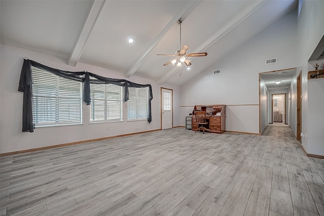 unfurnished living room with beamed ceiling, ceiling fan, light hardwood / wood-style floors, and high vaulted ceiling