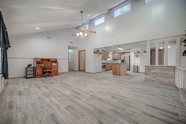 living room with beam ceiling, light hardwood / wood-style flooring, high vaulted ceiling, and ceiling fan