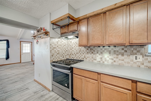 kitchen featuring light hardwood / wood-style flooring, decorative backsplash, stainless steel electric range oven, a textured ceiling, and beam ceiling