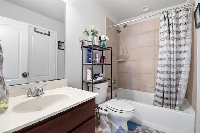 full bathroom with toilet, shower / bath combination with curtain, and vanity