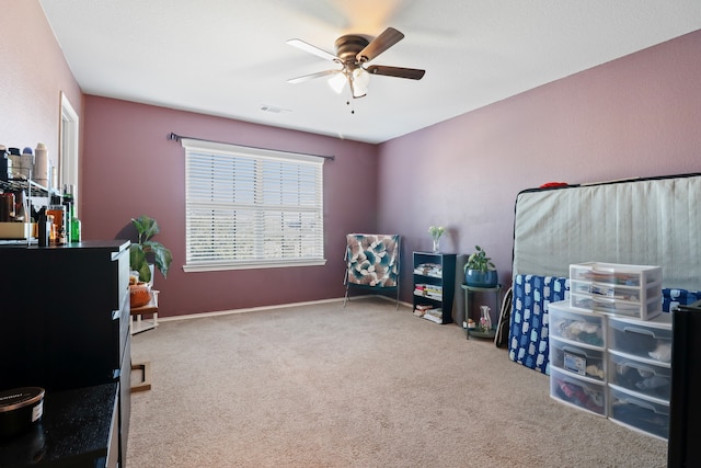 misc room featuring carpet flooring and ceiling fan