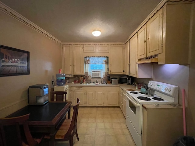 kitchen with sink, a textured ceiling, white range with electric cooktop, ornamental molding, and premium range hood