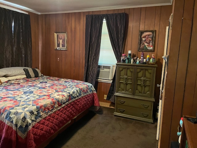 carpeted bedroom featuring ornamental molding, cooling unit, and wooden walls