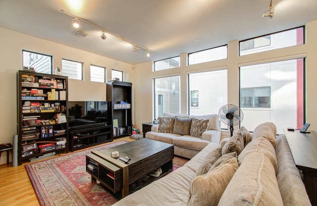 living room with rail lighting and hardwood / wood-style flooring