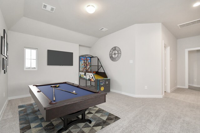 recreation room with light carpet and billiards