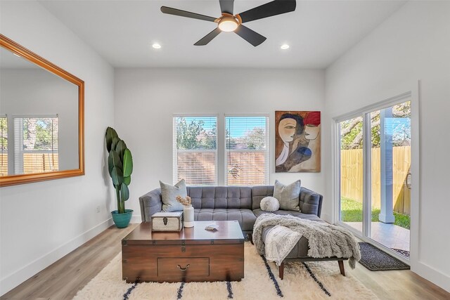 living area with ceiling fan, plenty of natural light, and light hardwood / wood-style flooring