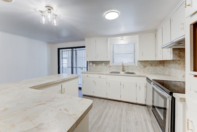 kitchen featuring stainless steel electric stove, a healthy amount of sunlight, white cabinetry, and sink